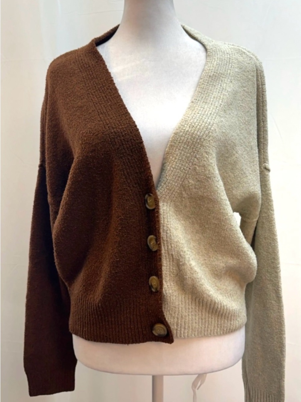 Love Tree Two-Tone Brown and Cream Button Front V-Neck Cardigan